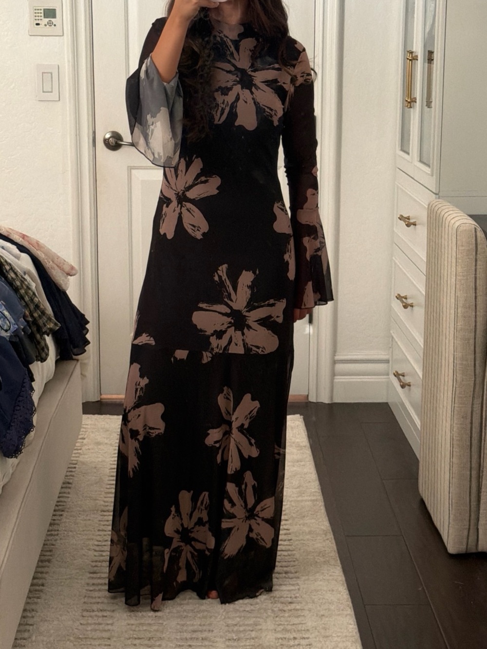 Black Floral Bell-Sleeve Maxi Dress